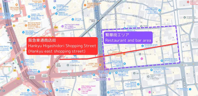 阪急東通商店街を中心とした歓楽街エリア図