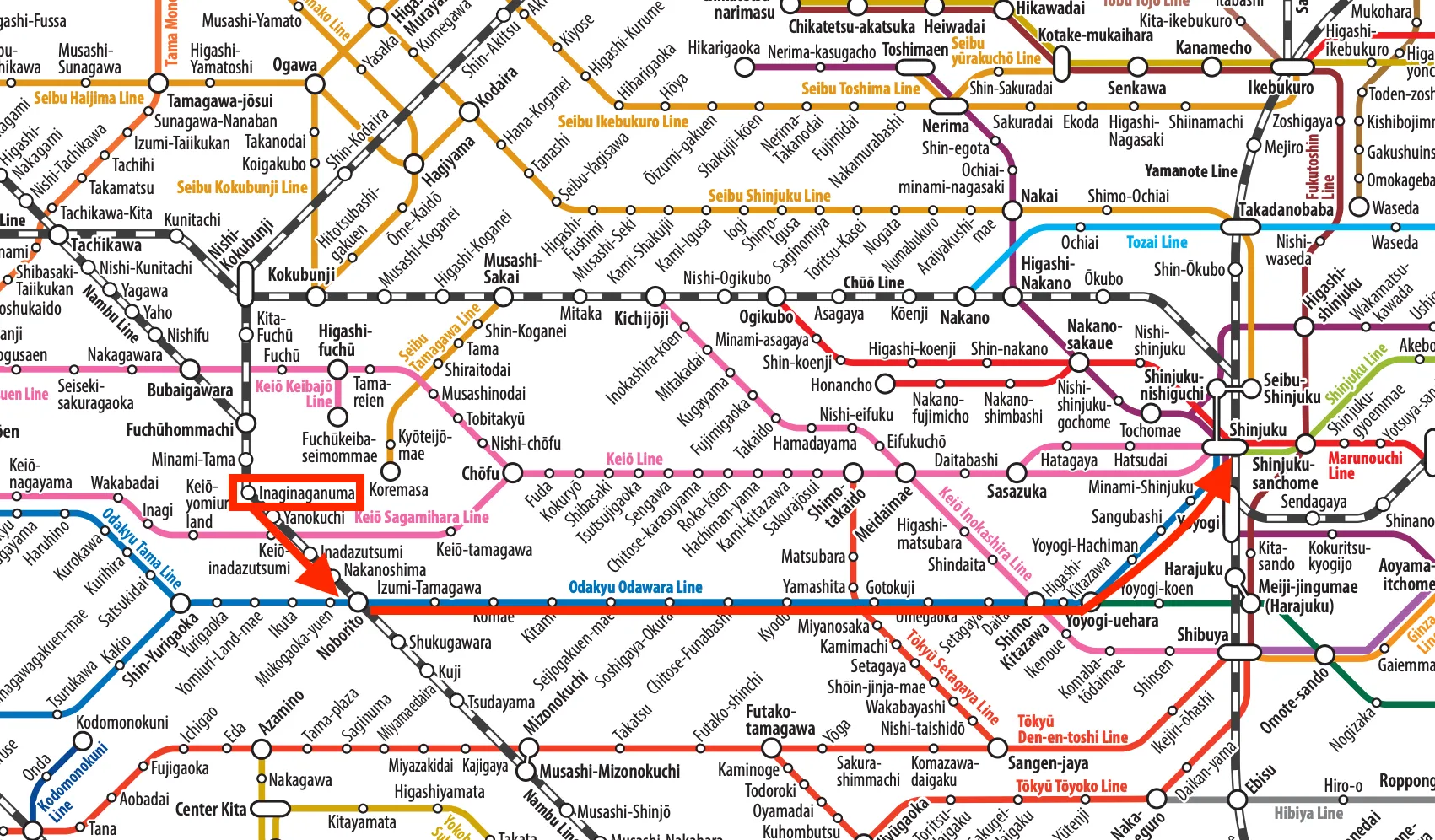 稲城長沼駅から新宿まで路線図