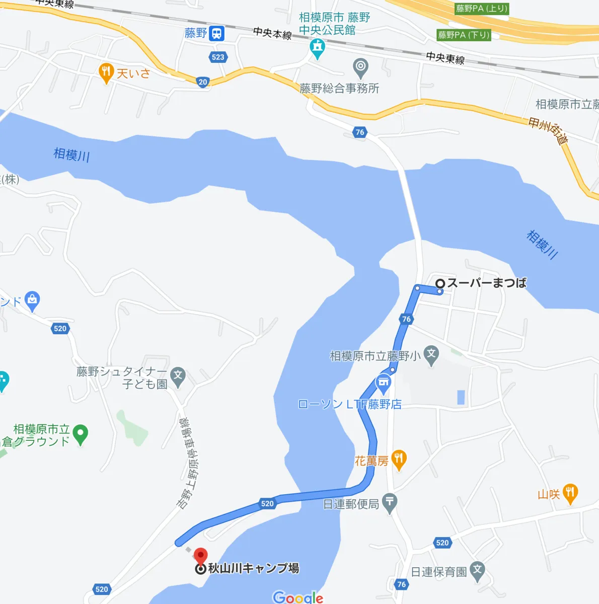 スーパーまつばから秋山川キャンプ場までの地図と経路
